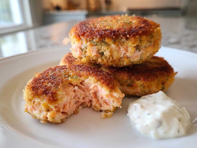 Close-up of golden brown Air Fryer Salmon Patties stacked on a white plate with a dollop of tartar sauce.