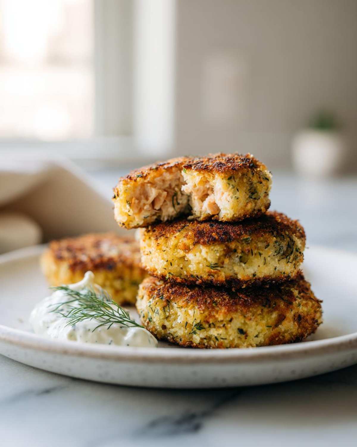 A stack of three golden-brown Air Fryer Salmon Patties, with the top one broken open to show the flaky salmon inside, served with dill sauce.