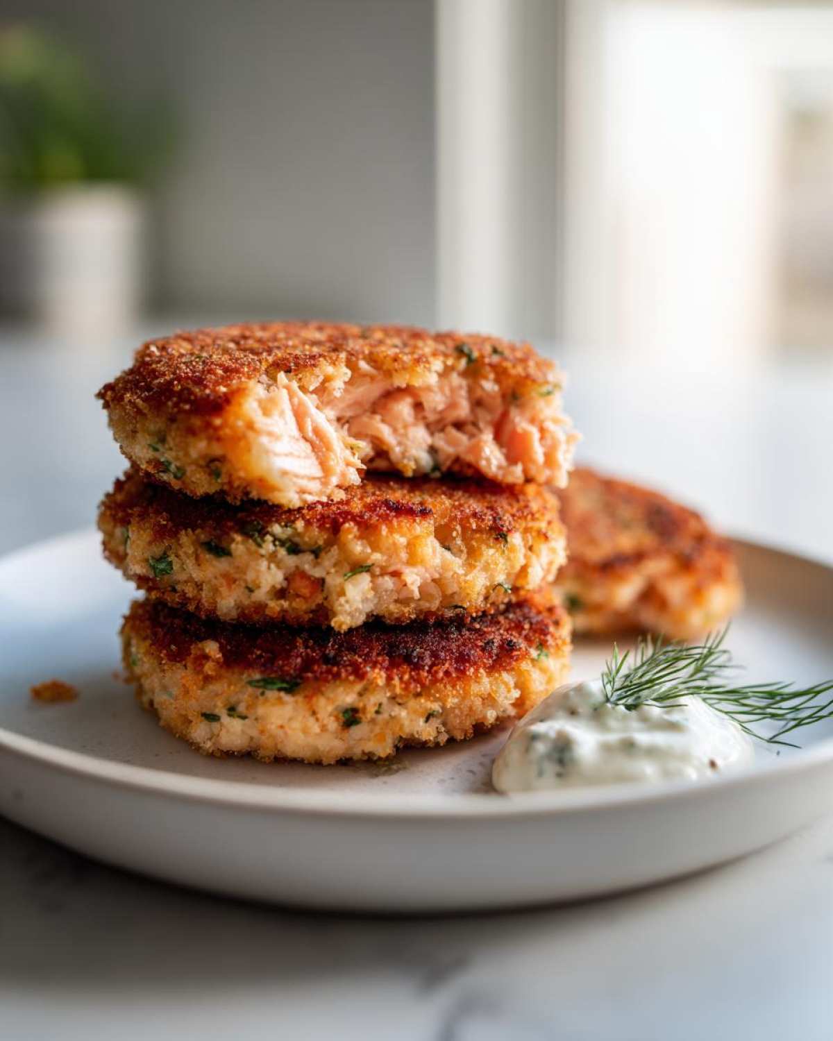 A stack of three golden-brown Air Fryer Salmon Patties, with the top one broken open to show the flaky interior.