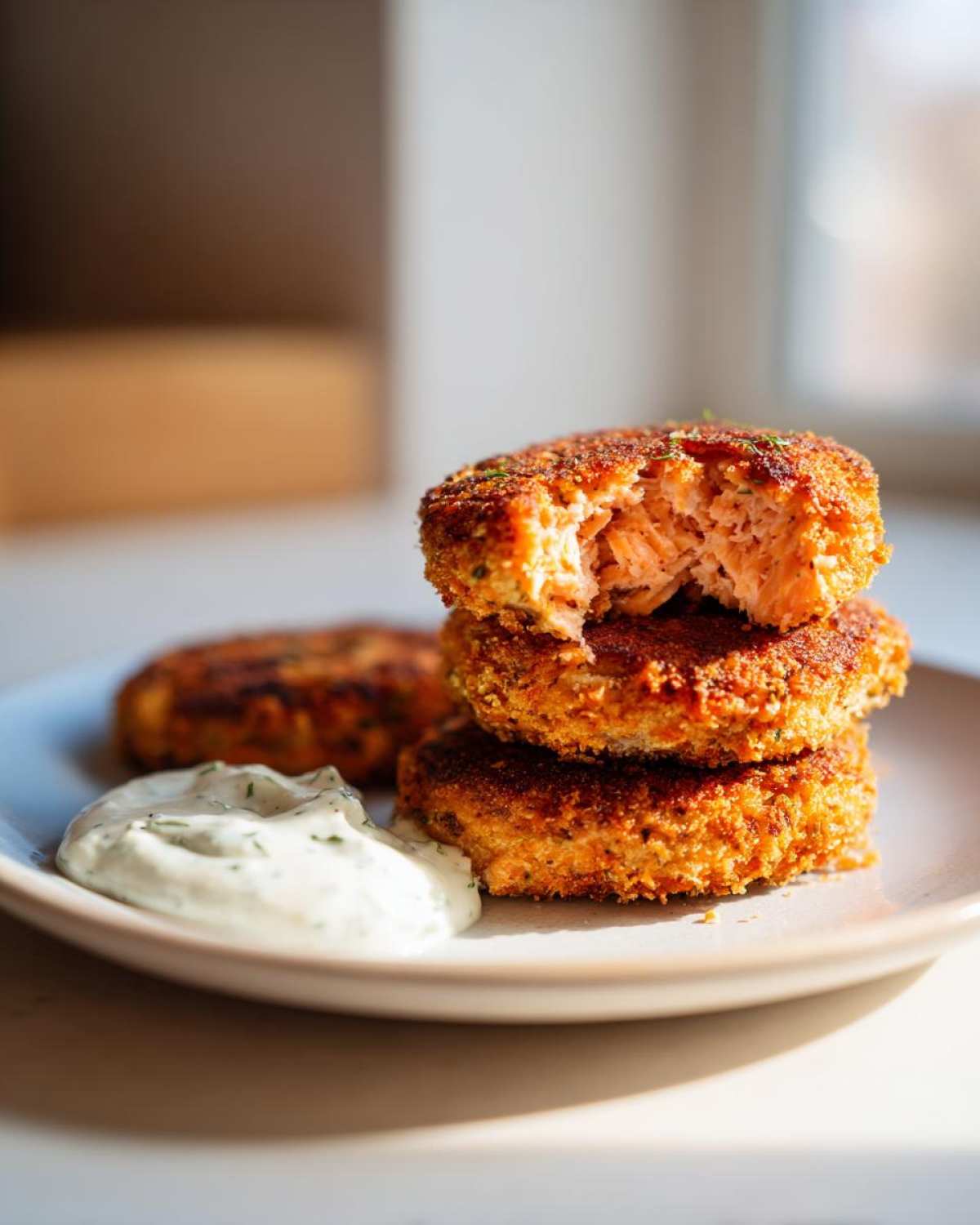 A stack of three golden-brown Air Fryer Salmon Patties, one bitten into, served with a dollop of creamy dill sauce.