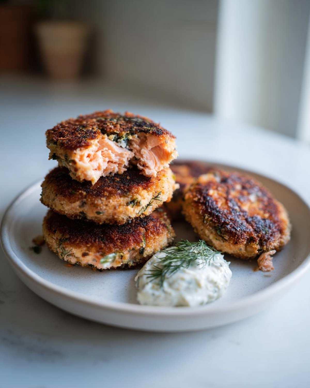 A stack of three golden-brown Air Fryer Salmon Patties, with the top one broken open to show the flaky interior.