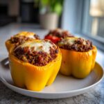 Close-up of bright yellow Air Fryer Stuffed Bell Peppers topped with melted cheese.