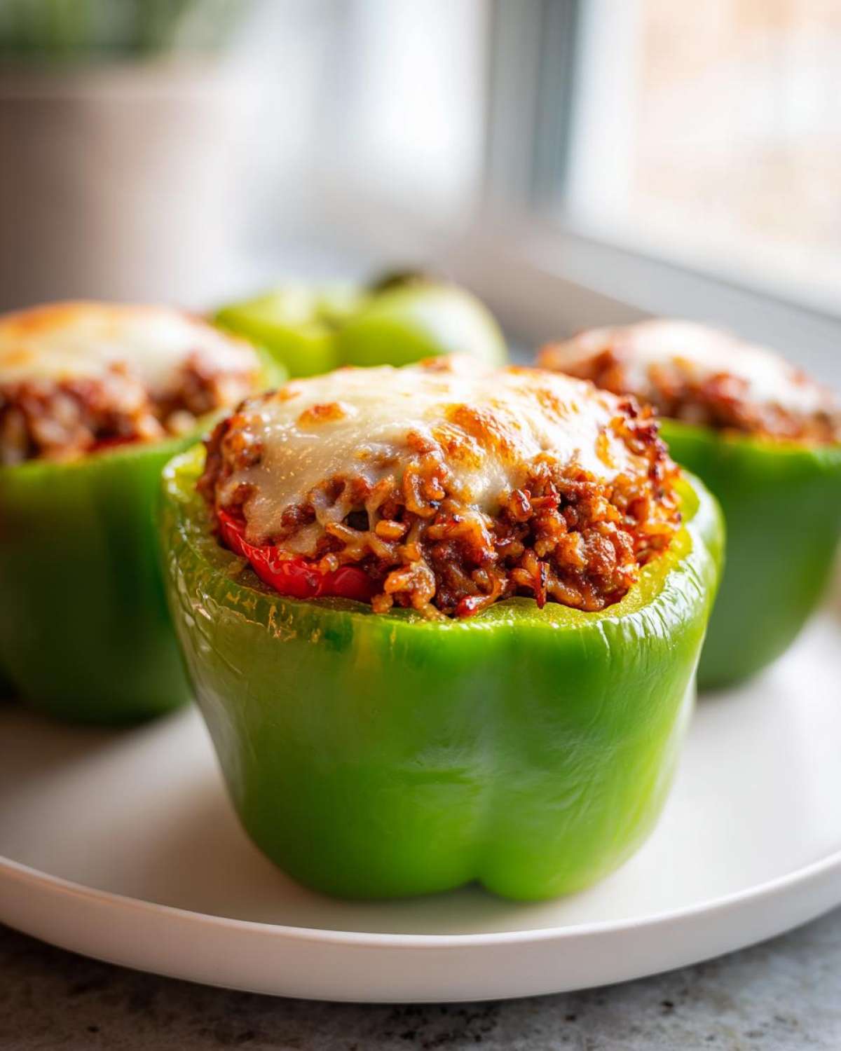 Close-up of a bright green Air Fryer Stuffed Bell Pepper topped with savory filling and melted mozzarella cheese.