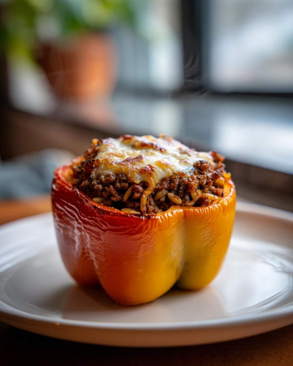 A single, hot Air Fryer Stuffed Bell Peppers, filled with meat and rice and topped with melted cheese.