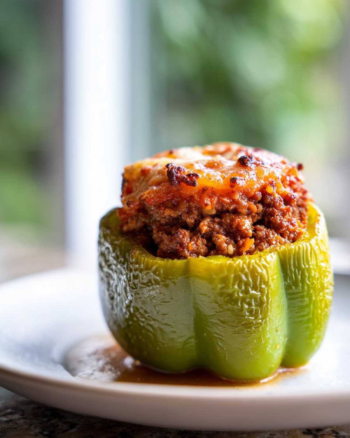 A single green Air Fryer Stuffed Bell Peppers, generously filled with seasoned ground meat and topped with melted, browned cheese.