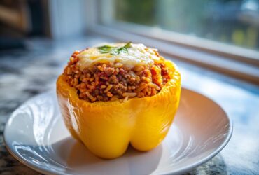 A single yellow Air Fryer Stuffed Bell Peppers, generously filled with meat and rice, topped with melted cheese.