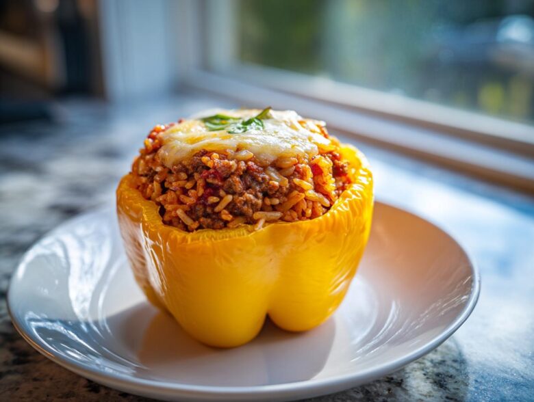 A single yellow Air Fryer Stuffed Bell Peppers, generously filled with meat and rice, topped with melted cheese.