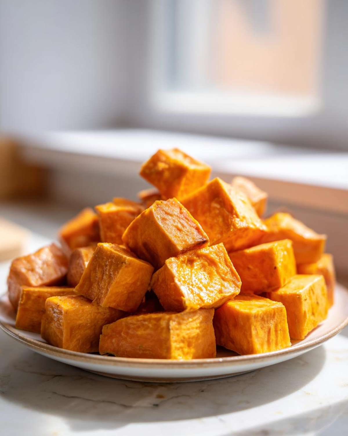 A close-up of perfectly cooked Air Fryer Sweet Potato Cubes piled high on a small white plate.