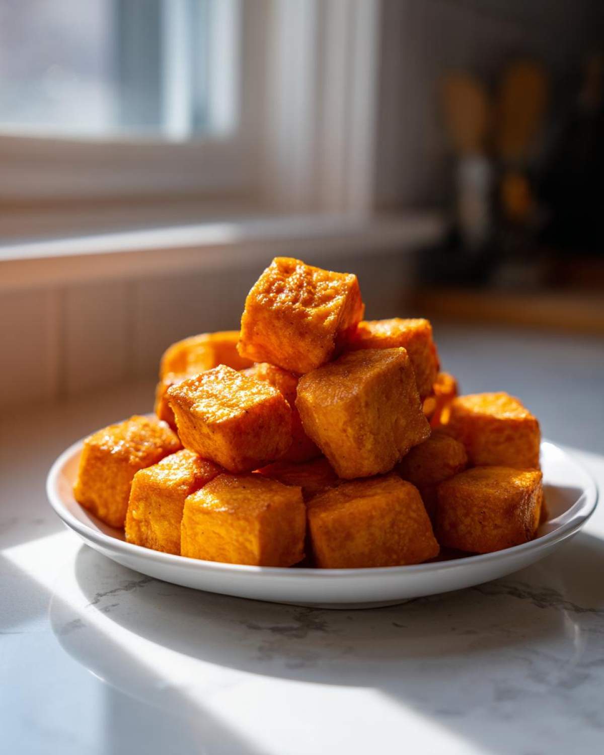 A pile of perfectly cooked, golden Air Fryer Sweet Potato Cubes stacked on a white plate.