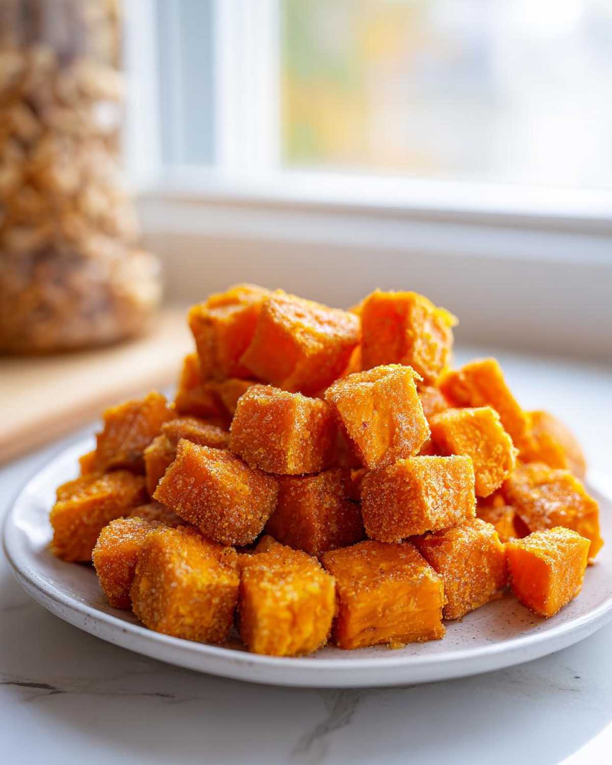 A close-up of a mound of perfectly cooked Air Fryer Sweet Potato Cubes piled high on a white speckled plate.