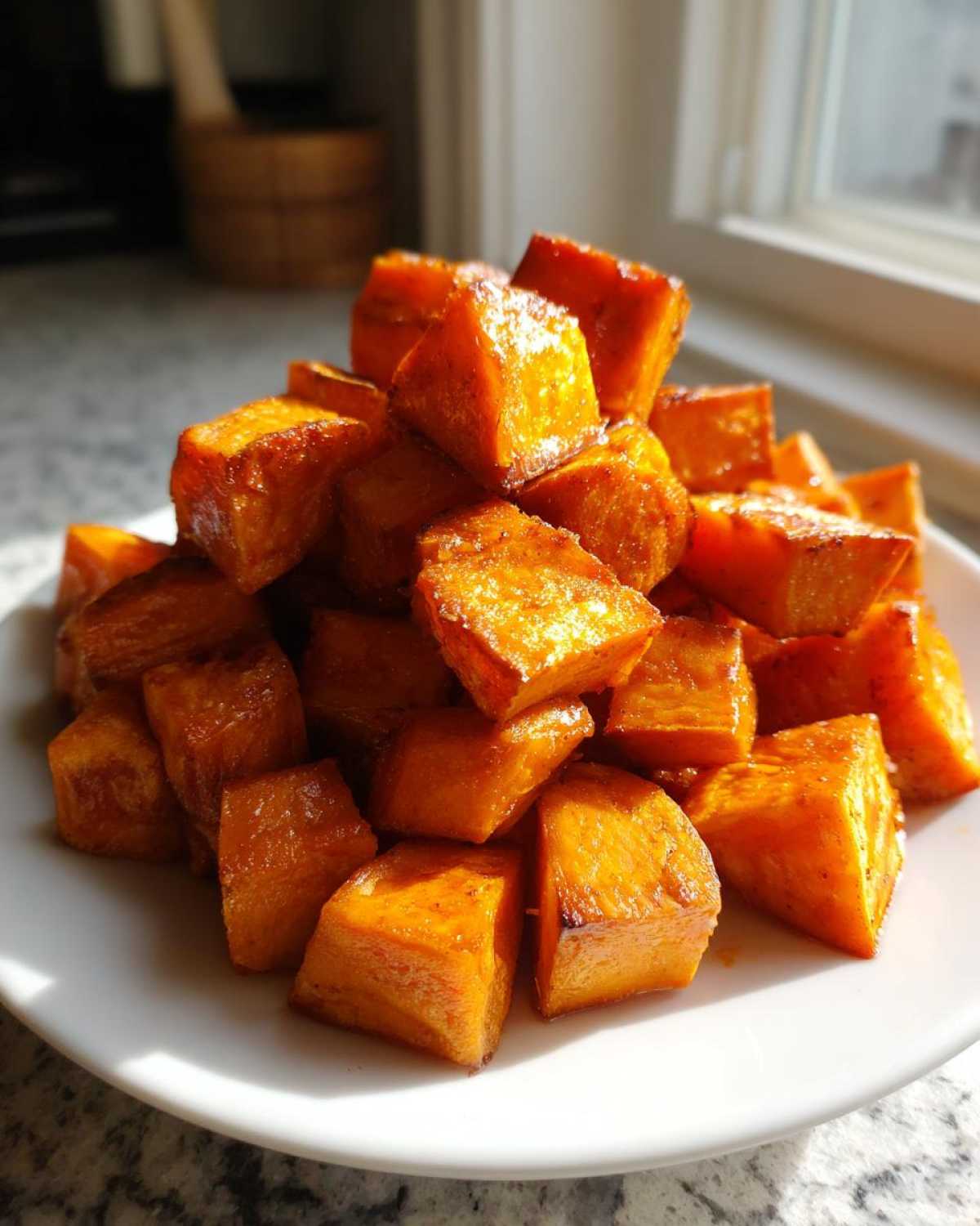 A mound of perfectly cooked, glistening Air Fryer Sweet Potato Cubes piled high on a white plate.