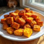 A white plate piled high with golden brown, crispy Air Fryer Sweet Potato Cubes, backlit by a window.