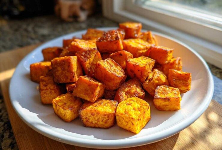 A white plate piled high with golden brown, crispy Air Fryer Sweet Potato Cubes, backlit by a window.