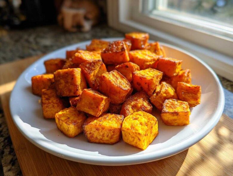 A white plate piled high with golden brown, crispy Air Fryer Sweet Potato Cubes, backlit by a window.