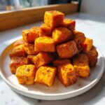 A tall stack of golden brown, seasoned Air Fryer Sweet Potato Cubes piled high on a white plate.