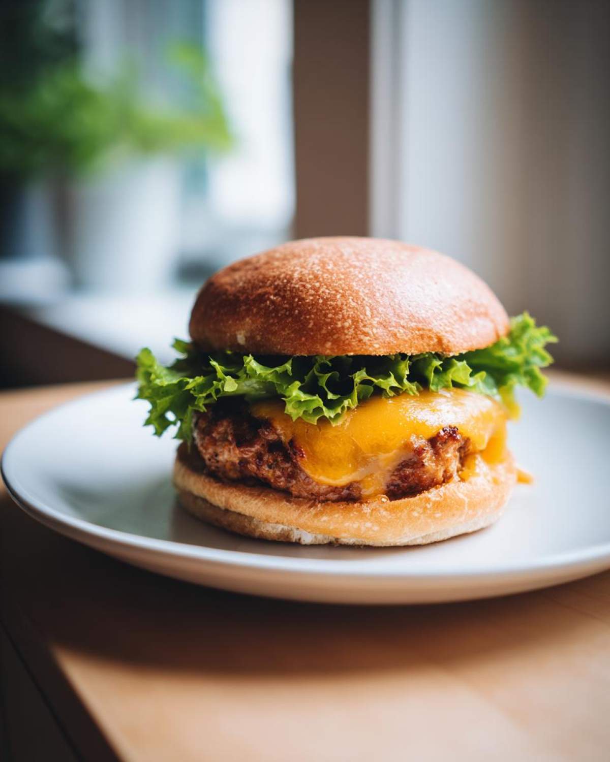 A close-up of a freshly made Air Fryer Turkey Burger topped with melted cheddar cheese and crisp lettuce on a white plate.