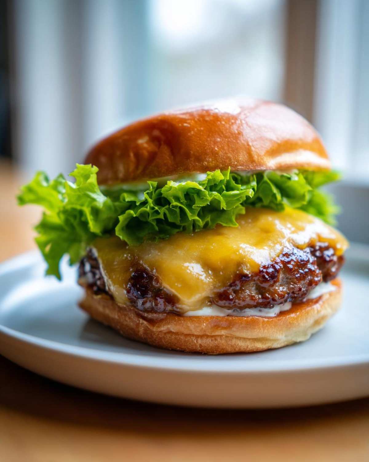 A close-up of a juicy Air Fryer Turkey Burger topped with melted cheddar cheese and crisp lettuce on a brioche bun.