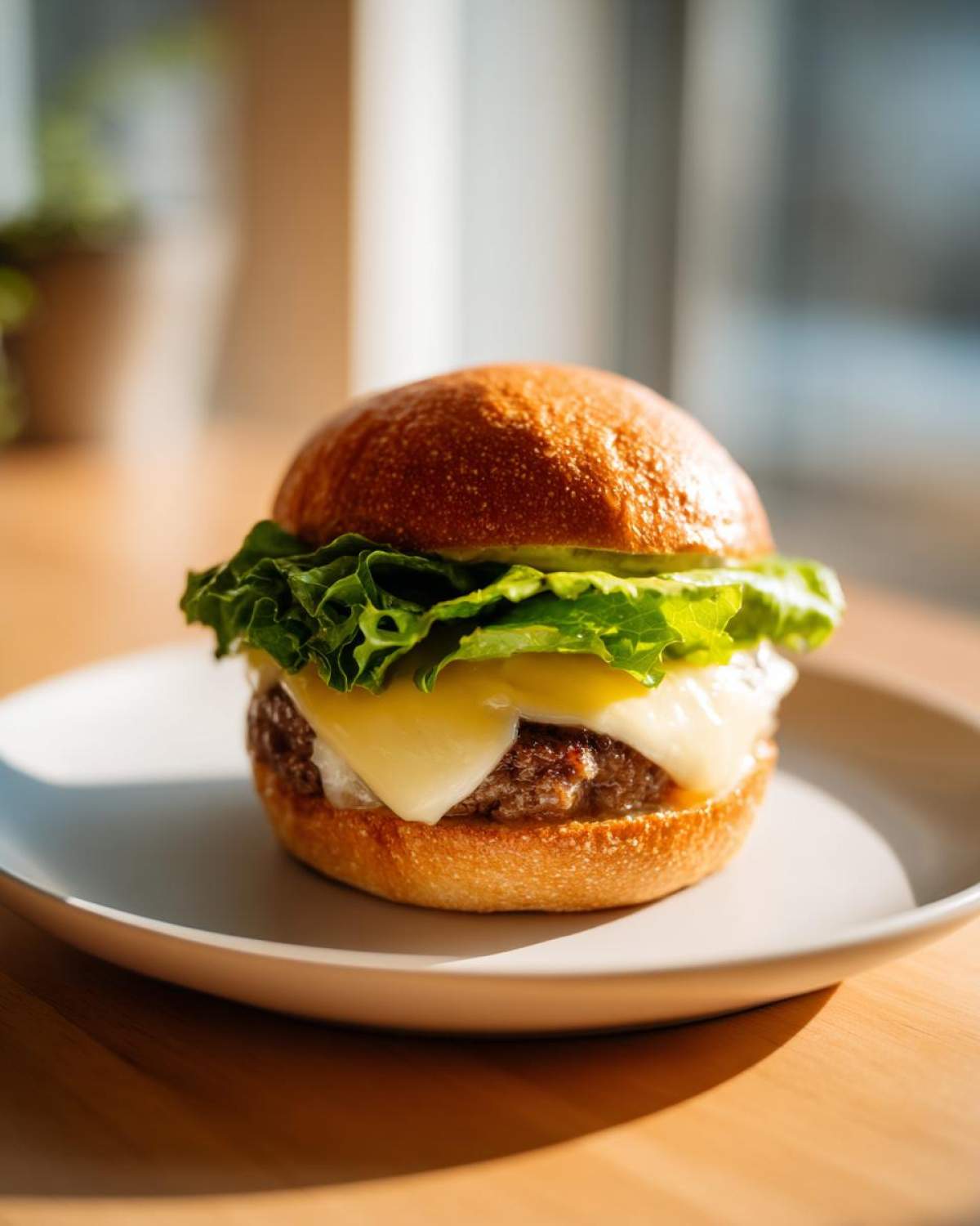 Close-up of a juicy Air Fryer Turkey Burger topped with melted cheese and fresh lettuce on a brioche bun.