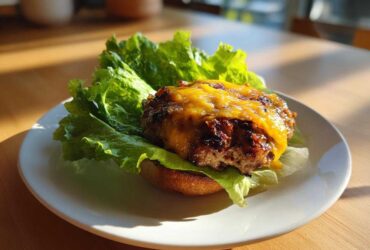 A juicy Air Fryer Turkey Burger topped with melted cheddar cheese served on lettuce on a white plate.