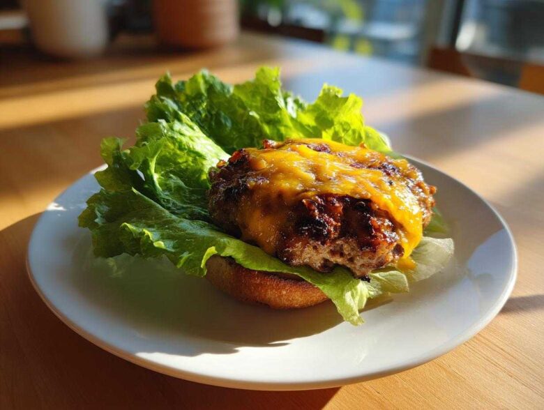 A juicy Air Fryer Turkey Burger topped with melted cheddar cheese served on lettuce on a white plate.