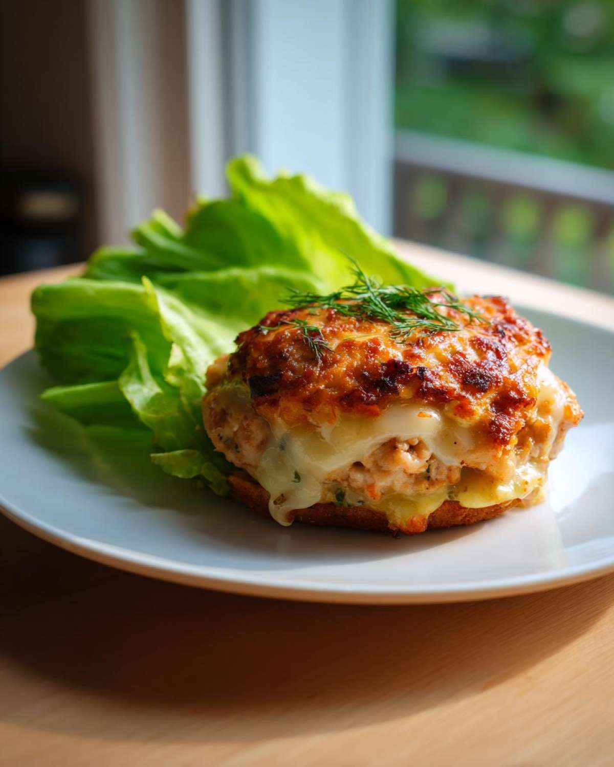 A juicy Air Fryer Turkey Burger topped with melted, browned cheese and fresh dill, served with lettuce.