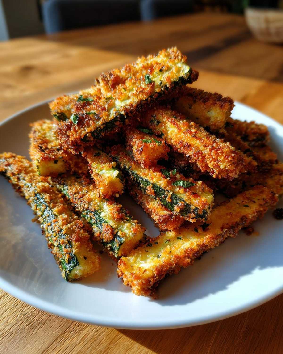 A pile of golden brown, crispy Air Fryer Zucchini Fries with Parmesan stacked on a white plate.