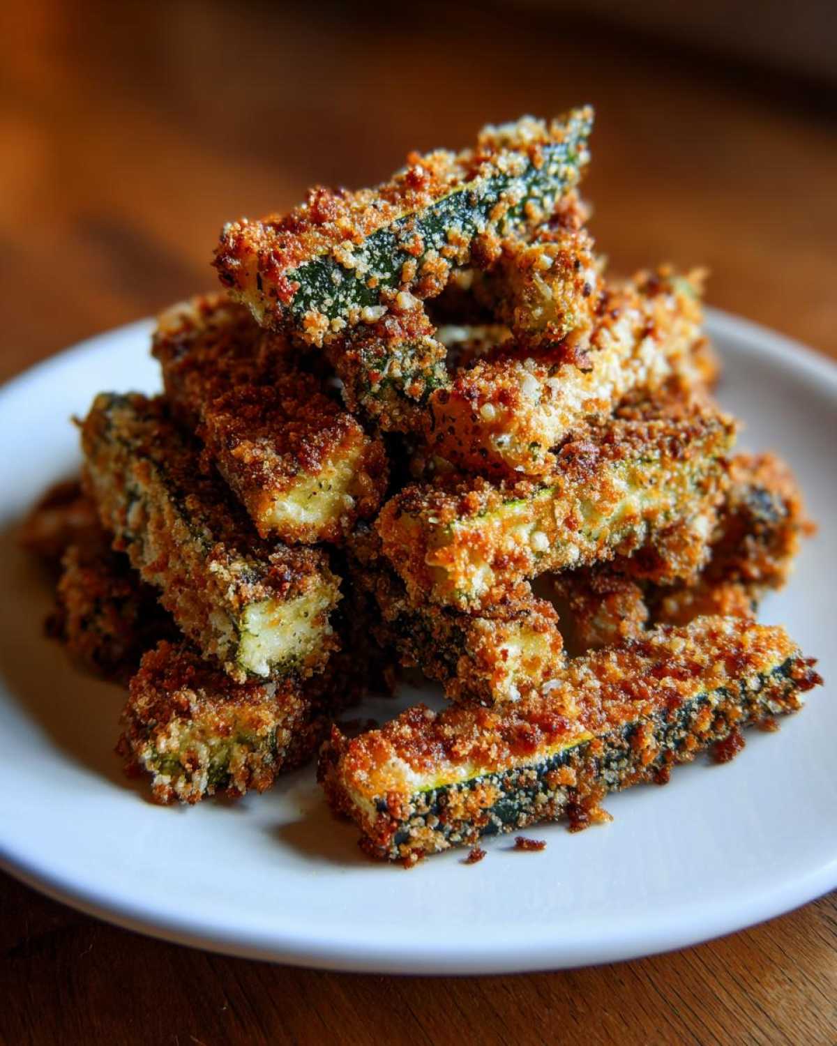 A mound of crispy Air Fryer Zucchini Fries with Parmesan stacked on a white plate.