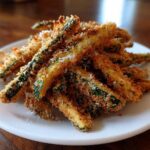A pile of crispy, golden-brown Air Fryer Zucchini Fries with Parmesan sprinkled on top, served on a white plate.