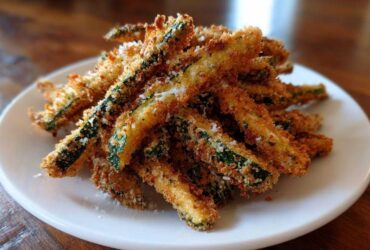 A pile of crispy, golden-brown Air Fryer Zucchini Fries with Parmesan sprinkled on top, served on a white plate.