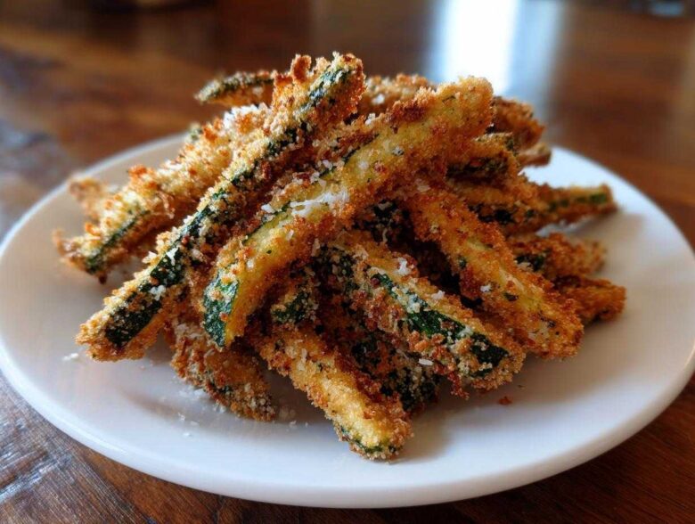 A pile of crispy, golden-brown Air Fryer Zucchini Fries with Parmesan sprinkled on top, served on a white plate.