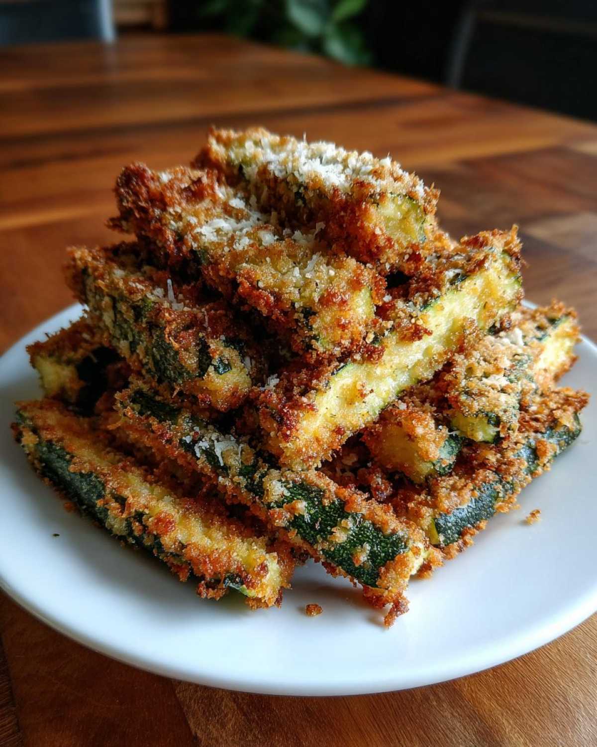 A stack of crispy Air Fryer Zucchini Fries with Parmesan piled high on a white plate.