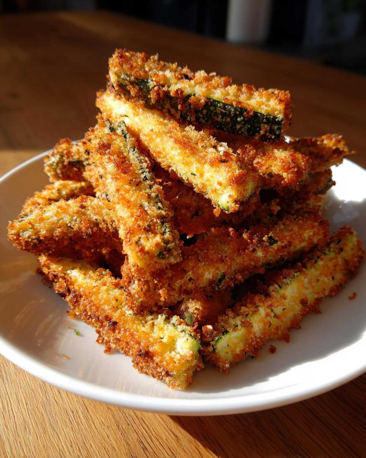 A pile of golden brown, crispy Air Fryer Zucchini Fries with Parmesan stacked high on a white plate.