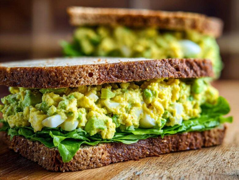 A delicious Avocado Egg Salad Sandwich made with whole wheat bread and fresh lettuce.