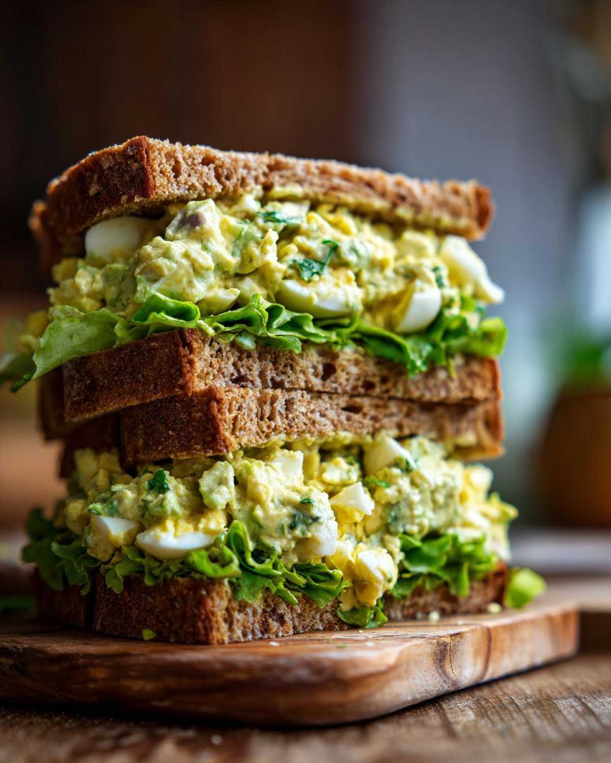 A tall, stacked Avocado Egg Salad Sandwich featuring creamy filling, chopped eggs, and lettuce between slices of dark wheat bread.