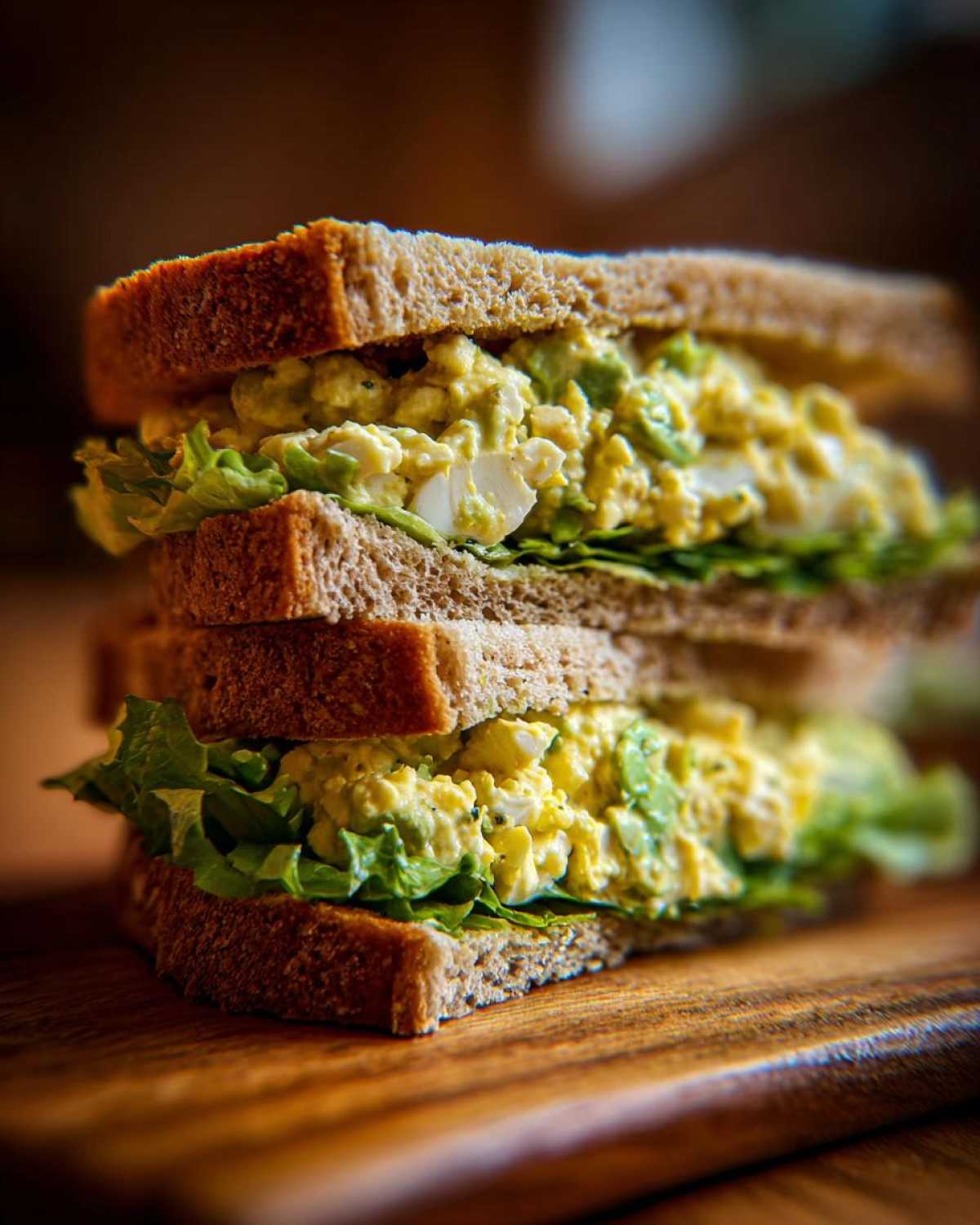 A close-up of a stacked Avocado Egg Salad Sandwich on whole wheat bread with crisp lettuce.