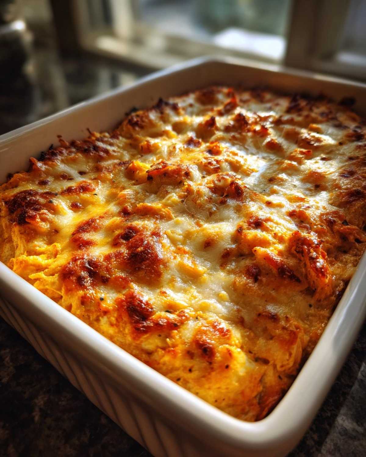A close-up of hot, bubbly Baked Buffalo Chicken Dip topped with melted, golden-brown cheese in a white baking dish.