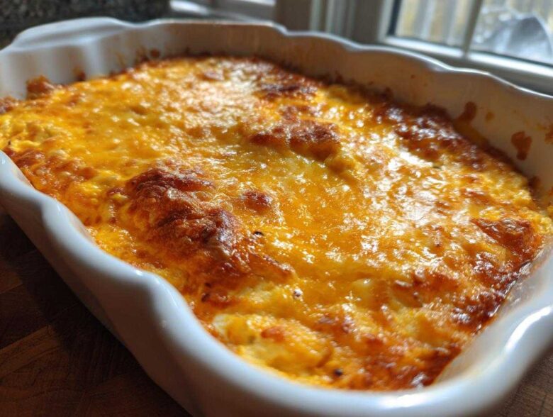 Close-up of hot, bubbly Baked Buffalo Chicken Dip topped with melted, golden-brown cheese in a white baking dish.