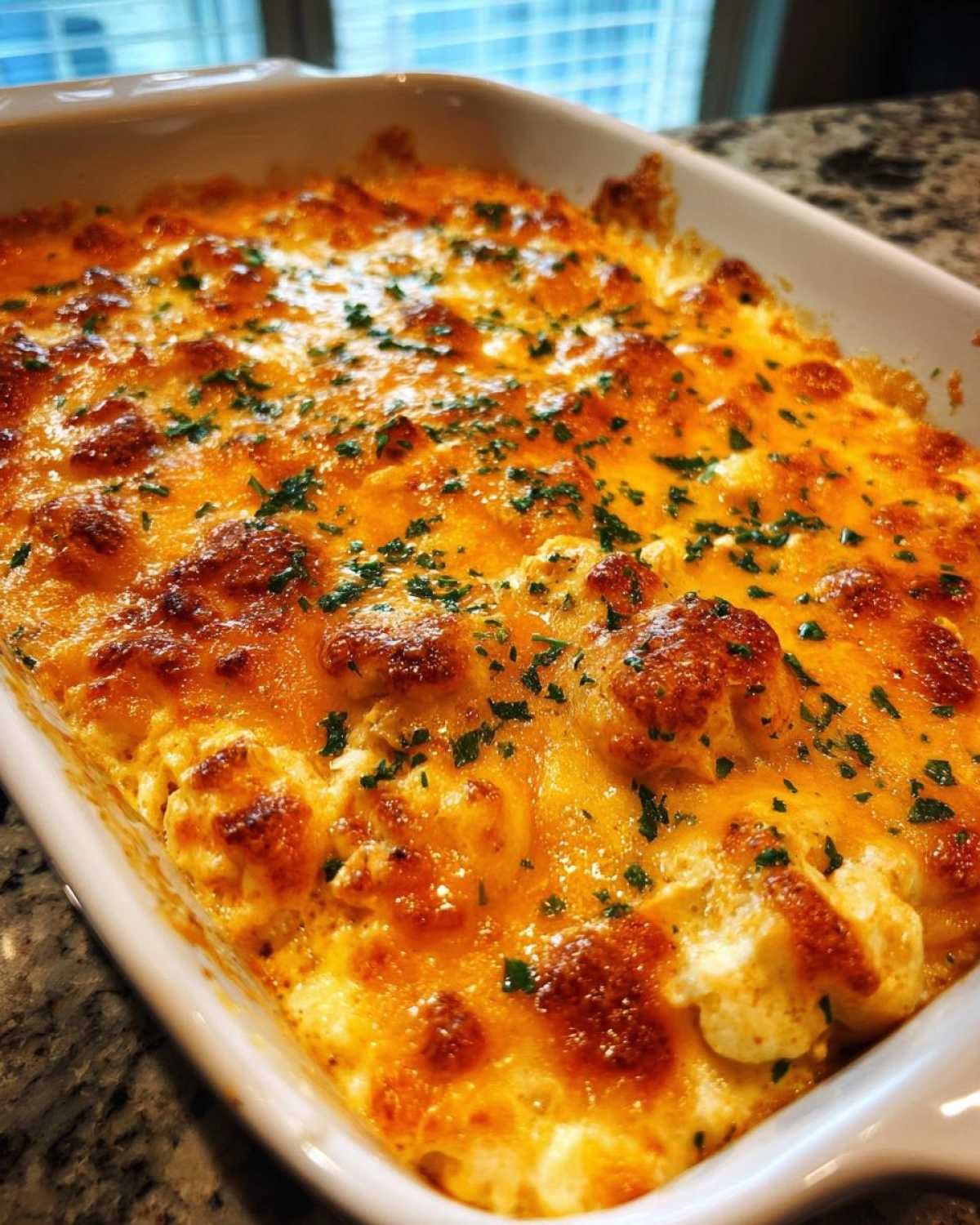 Close-up of bubbling, golden-brown Baked Buffalo Chicken Dip topped with melted cheddar cheese and fresh parsley.