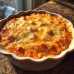 A close-up of hot Baked Buffalo Chicken Dip bubbling in a white dish, topped with melted orange cheddar and white mozzarella cheese.