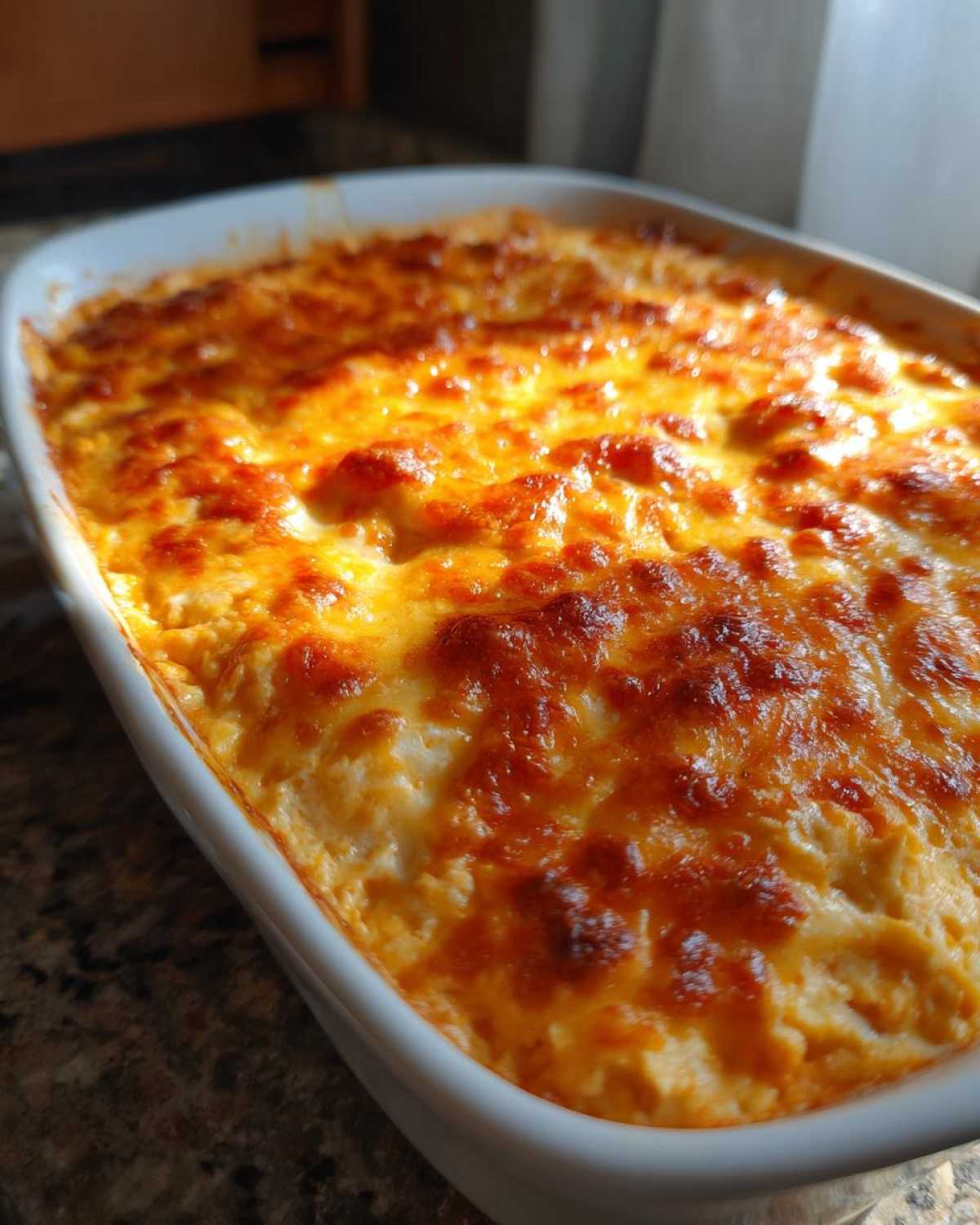 Close-up of a white baking dish filled with hot Baked Buffalo Chicken Dip, featuring a bubbly, golden-brown, and slightly charred cheese topping.