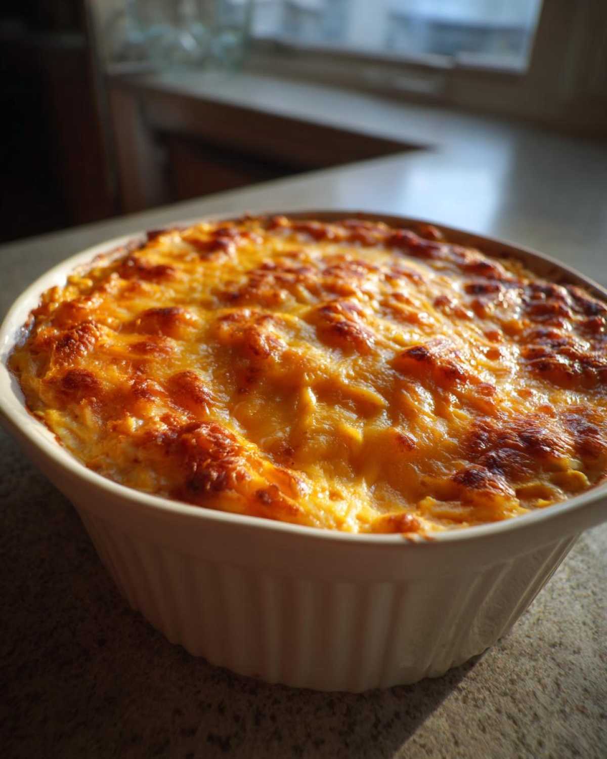 A close-up of hot, bubbly Baked Buffalo Chicken Dip with a golden-brown, cheesy crust, served in a white ceramic dish.