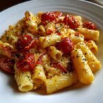 Close-up of creamy Baked Feta Pasta with cherry tomatoes, herbs, and rigatoni pasta on a white plate.