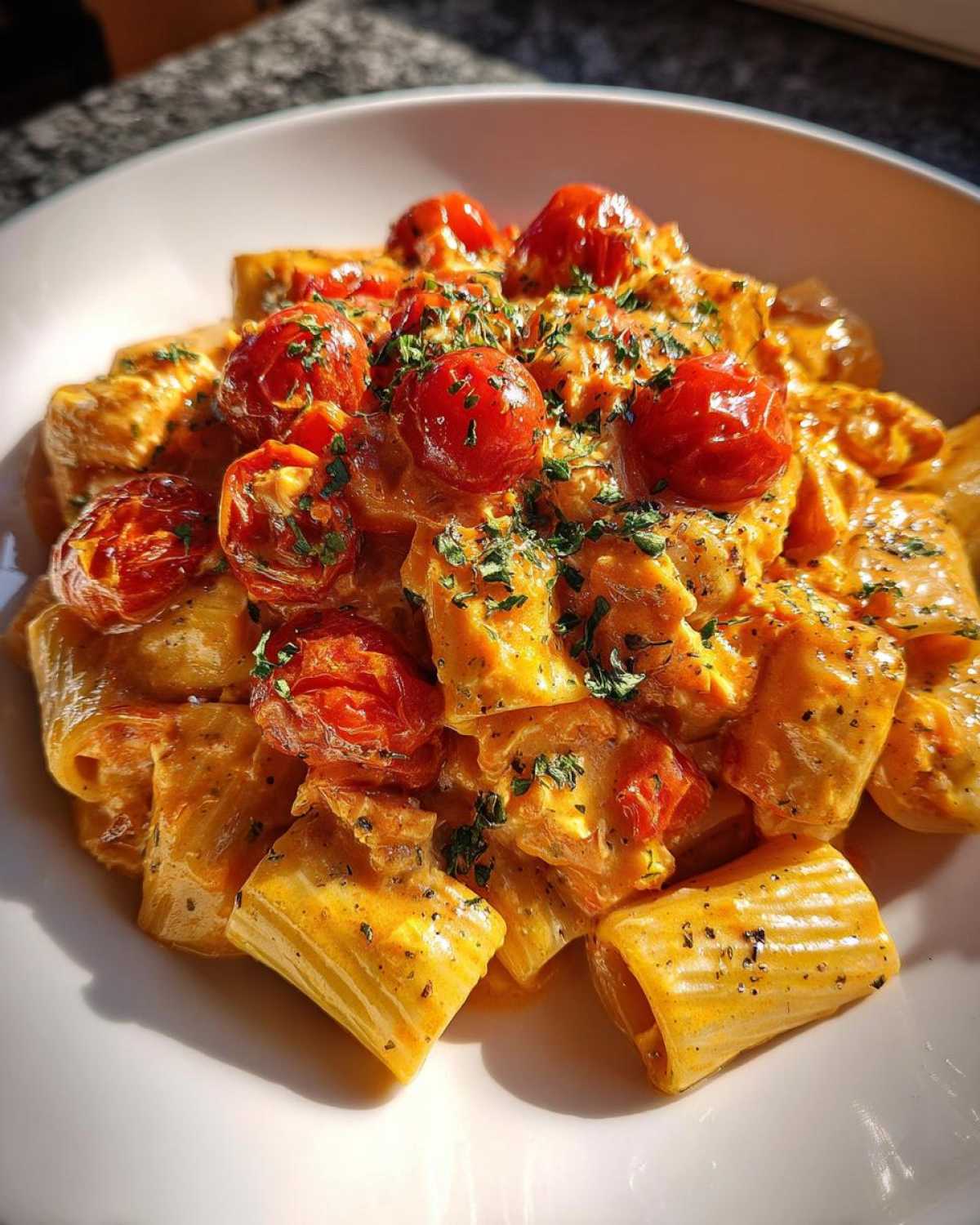 Close-up of creamy Baked Feta Pasta with cherry tomatoes and fresh herbs in a white bowl.