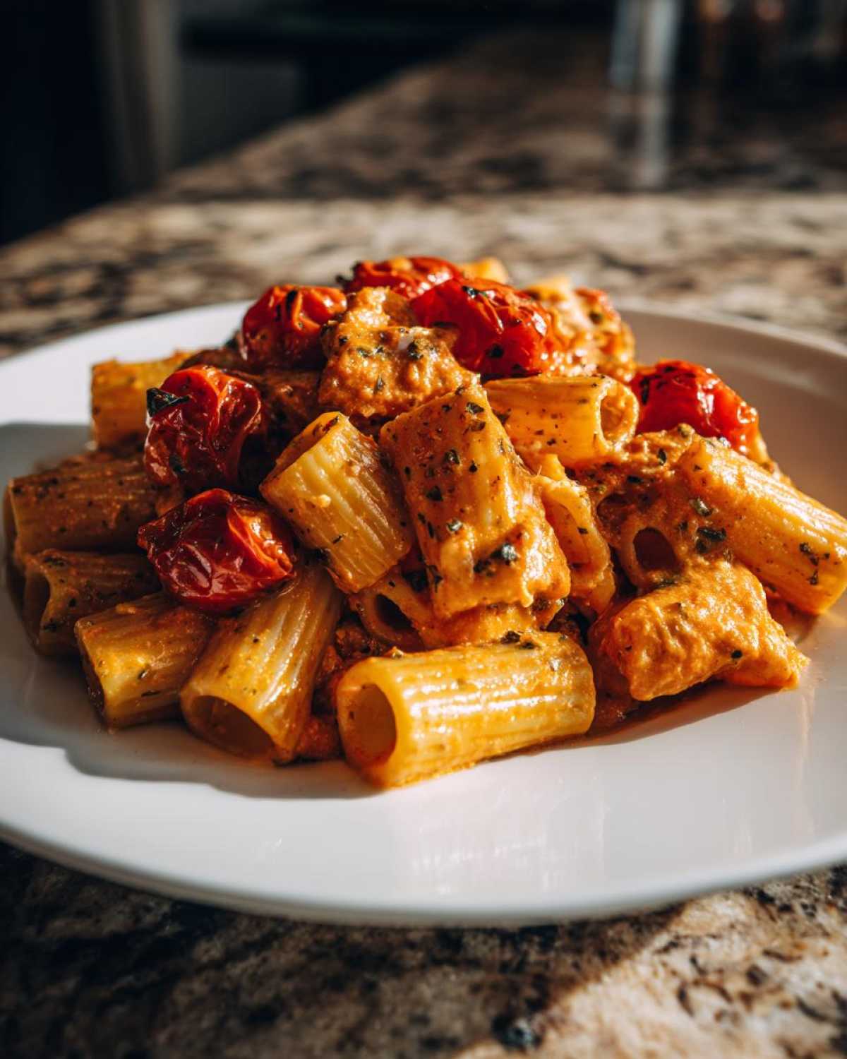 Close-up of rigatoni pasta coated in creamy sauce with roasted cherry tomatoes, part of Baked Feta Pasta with Cherry Tomatoes.