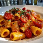 Close-up of creamy Baked Feta Pasta with roasted cherry tomatoes and fresh basil.