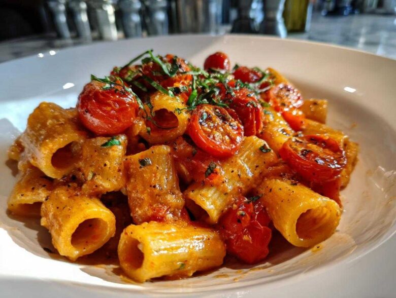 Close-up of creamy Baked Feta Pasta with roasted cherry tomatoes and fresh basil.