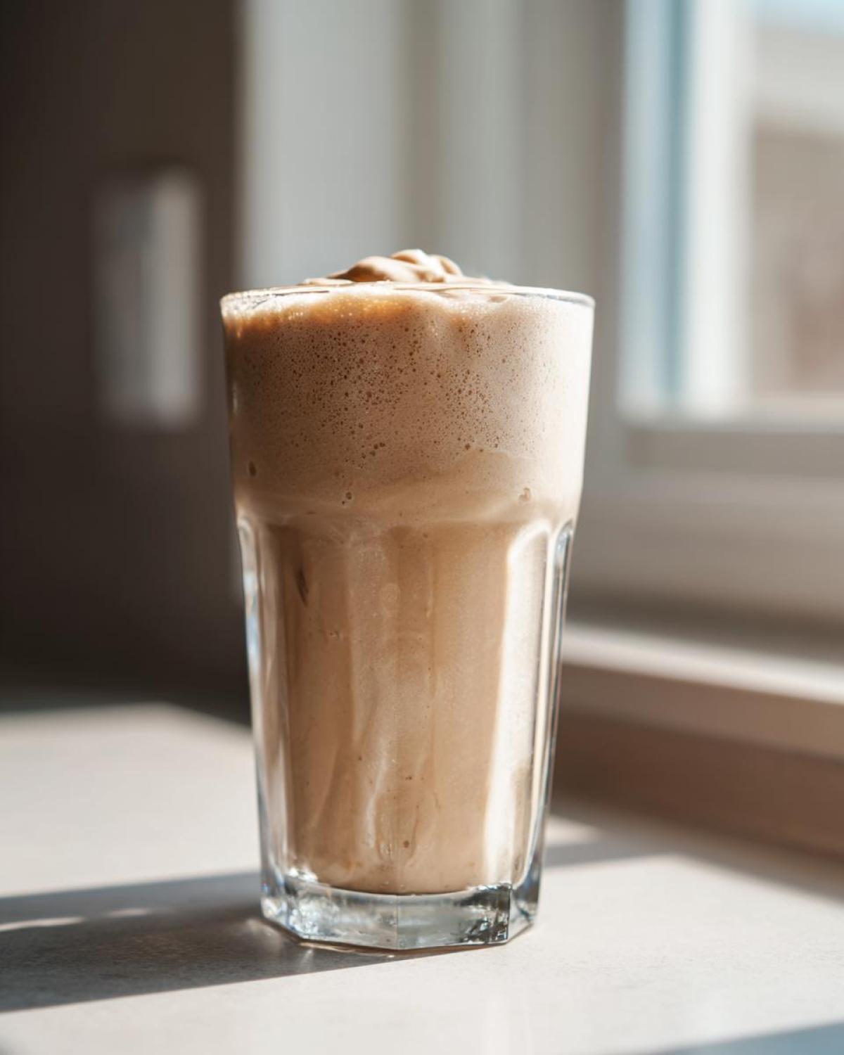 A tall glass filled with a thick, frothy Banana Peanut Butter Smoothie, backlit by natural light.