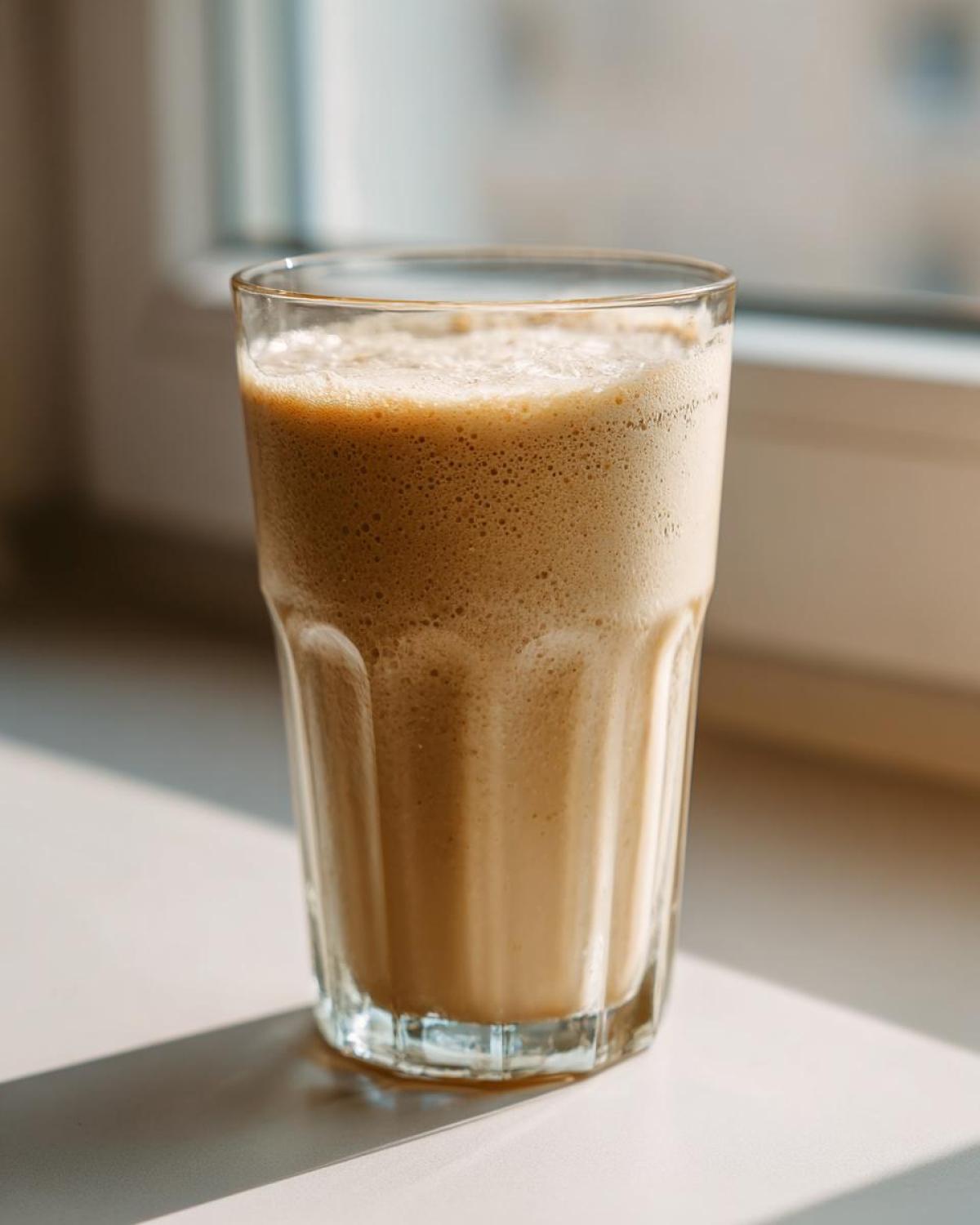 A tall glass filled with a thick, frothy Banana Peanut Butter Smoothie sitting near a bright window.