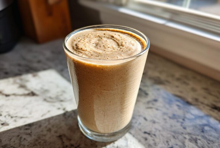 A tall glass filled with a thick, creamy Banana Peanut Butter Smoothie sitting on a sunlit granite countertop.