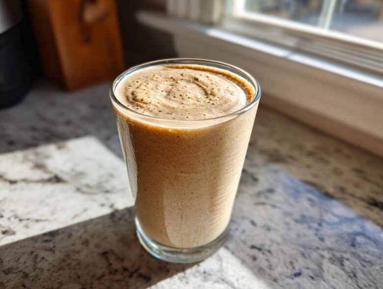 A tall glass filled with a thick, creamy Banana Peanut Butter Smoothie sitting on a sunlit granite countertop.